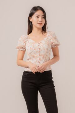 Elka Flower Puff Sleeves Crinkle Top 82434-2