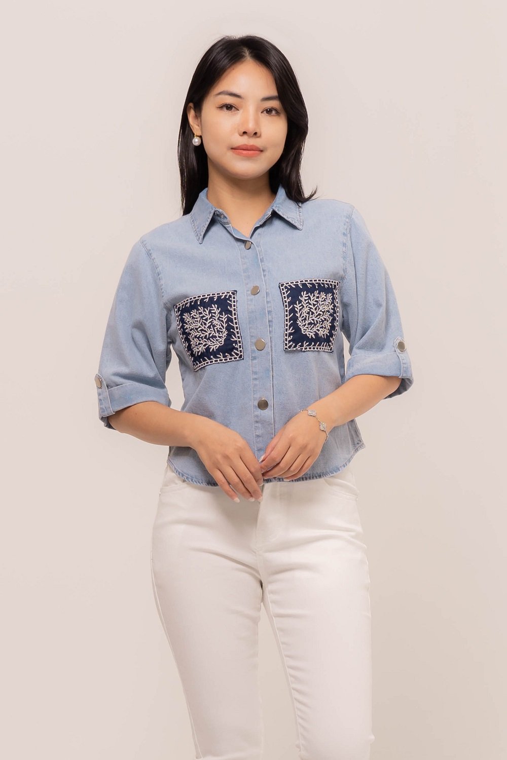 Aleecia Embroidery Double Pockets Top 3037