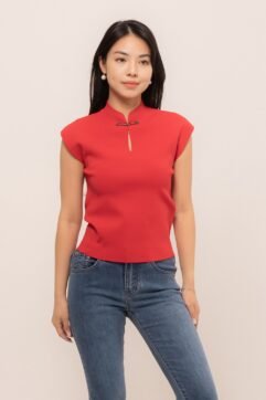 AiLisha Mandarin Button Knit Top CC10006