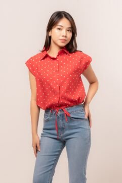 Becca Polka-Dot Drawstring Shirt Top 3046